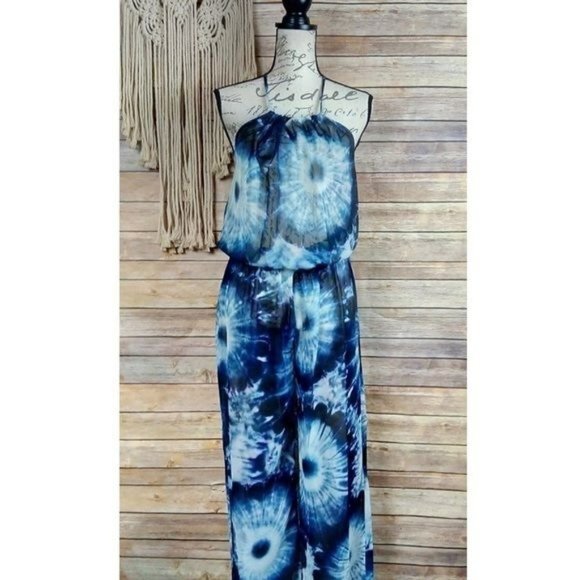 La Perla | Italian Blue Sheer Tie-Dye Halter Jumpsuit Swimsuit Cover Up Pants - Picture 2 of 8